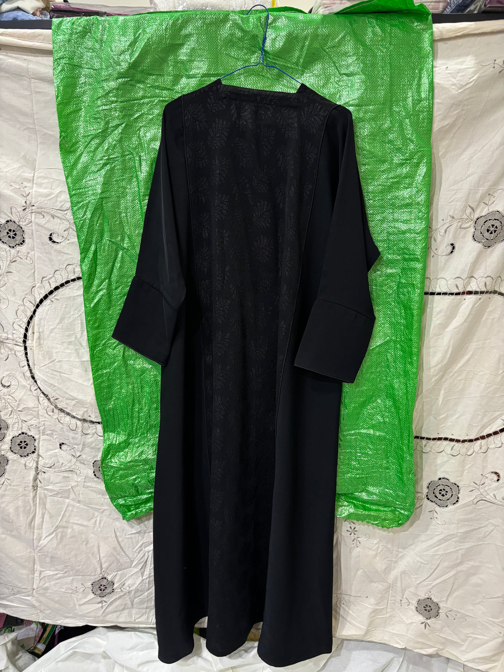 Black Botanical Jacquard Panel Men's Long Kurta