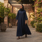 Navy Blue Floral Jacquard Long Modest V-Neck Dress