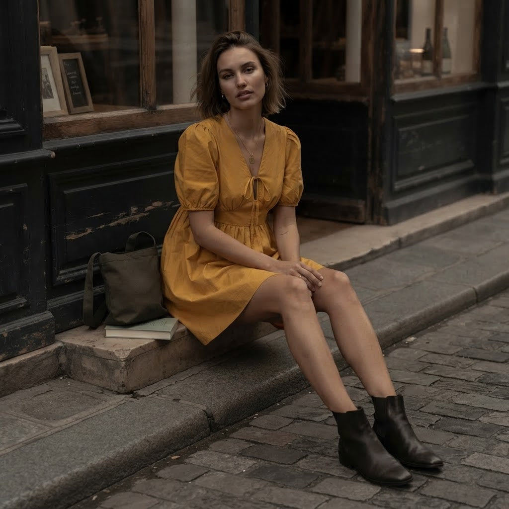 SHEIN Mustard Yellow Lace-Up Mini Baby-Doll Dress