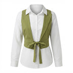 SHEIN Women's White Layered Shirt with Olive white Tie-Waist