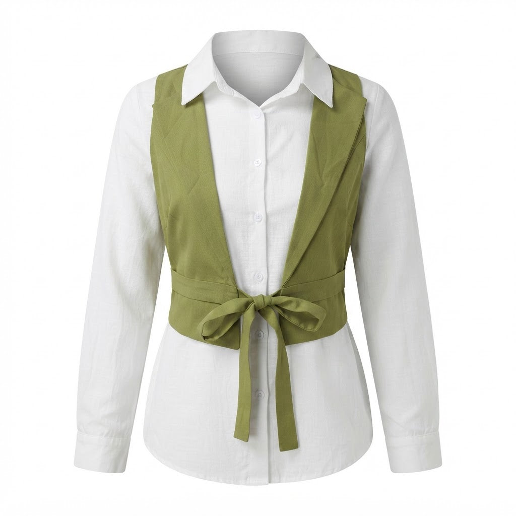 SHEIN Women's White Layered Shirt with Olive white Tie-Waist