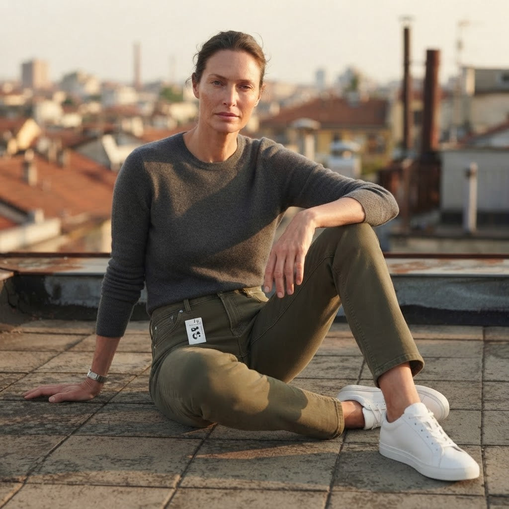 [WearU Generated:campaign_1] Olive Green Cotton Denim Tapered Jeans – campaign 1