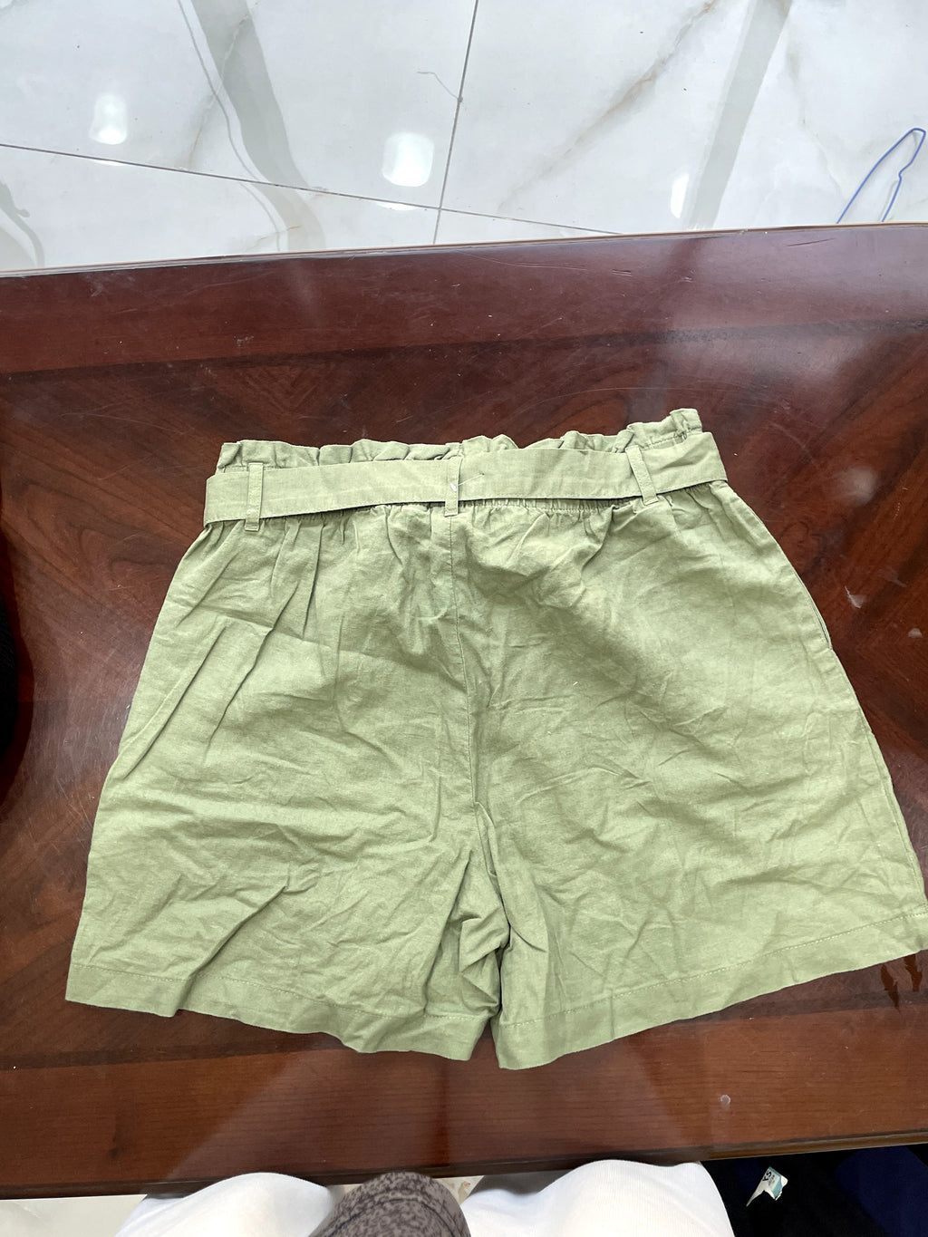 Sage Green Paperbag Waist Linen Shorts with Tie Belt