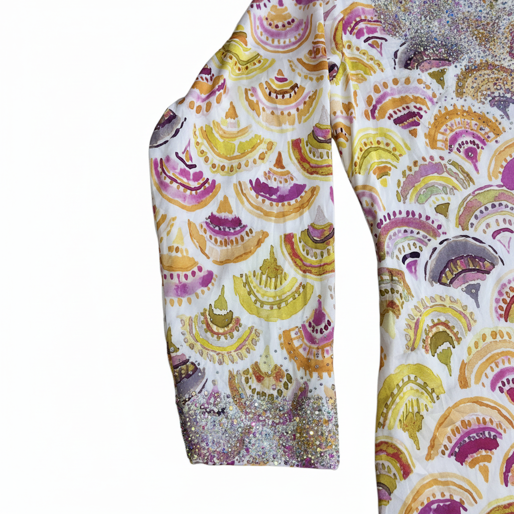 Women's Embellished Scallop Print Long Sleeve Kaftan Dress
