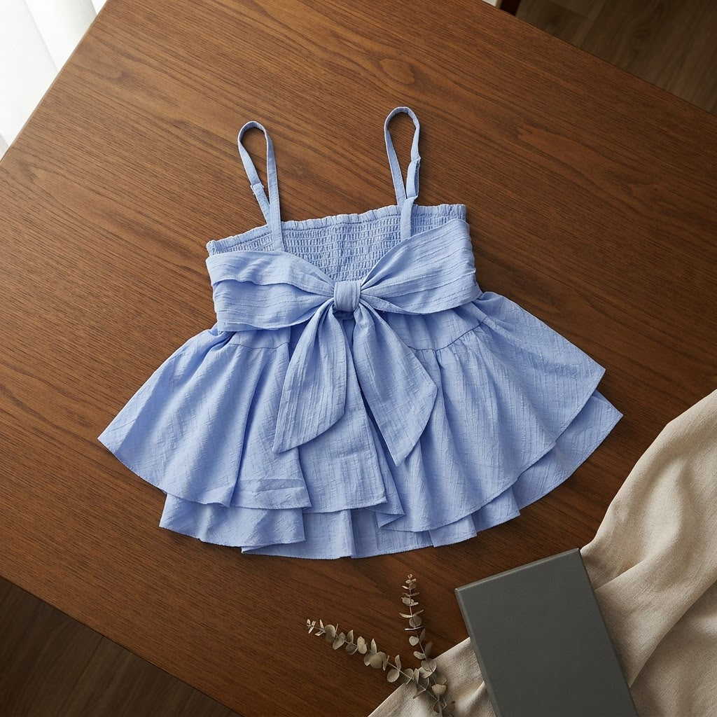 SHEIN Periwinkle Blue Smocked Ruffle Top with Front Bow