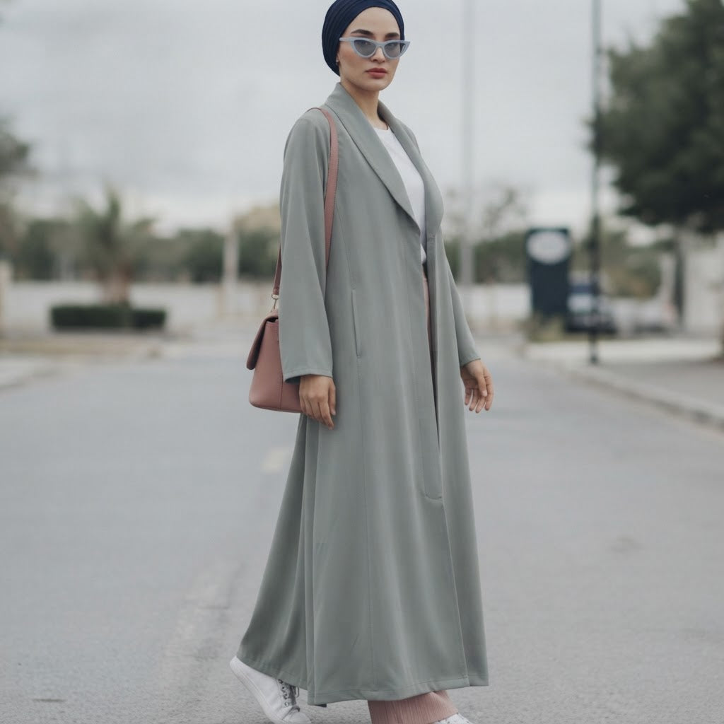 Cool Sage Grey Floor-Length Thobe with Mandarin Collar