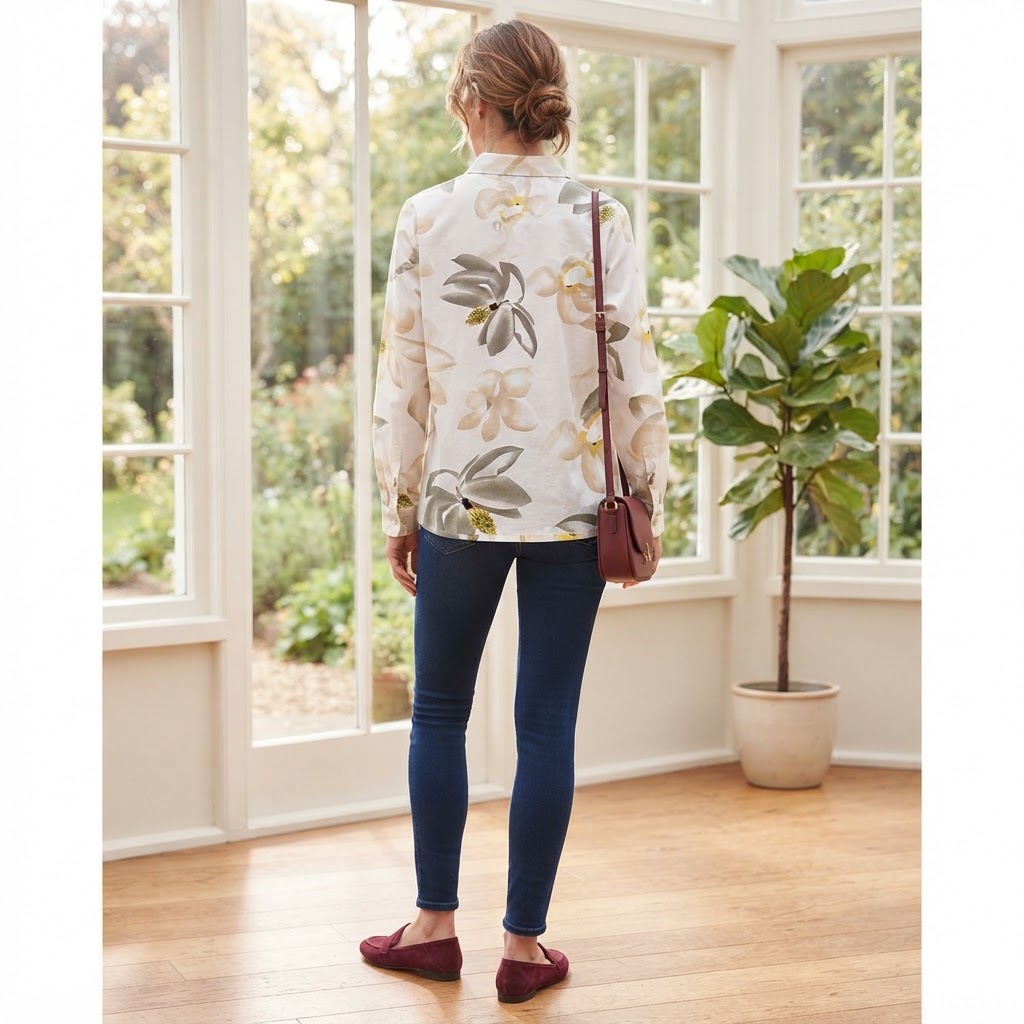 Women's Floral White Long Sleeve Mandarin Collar Shirt