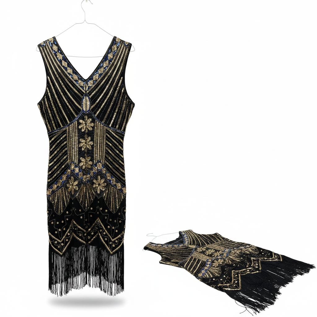 Women's Black & Gold Sequin Art Deco Flapper Dress