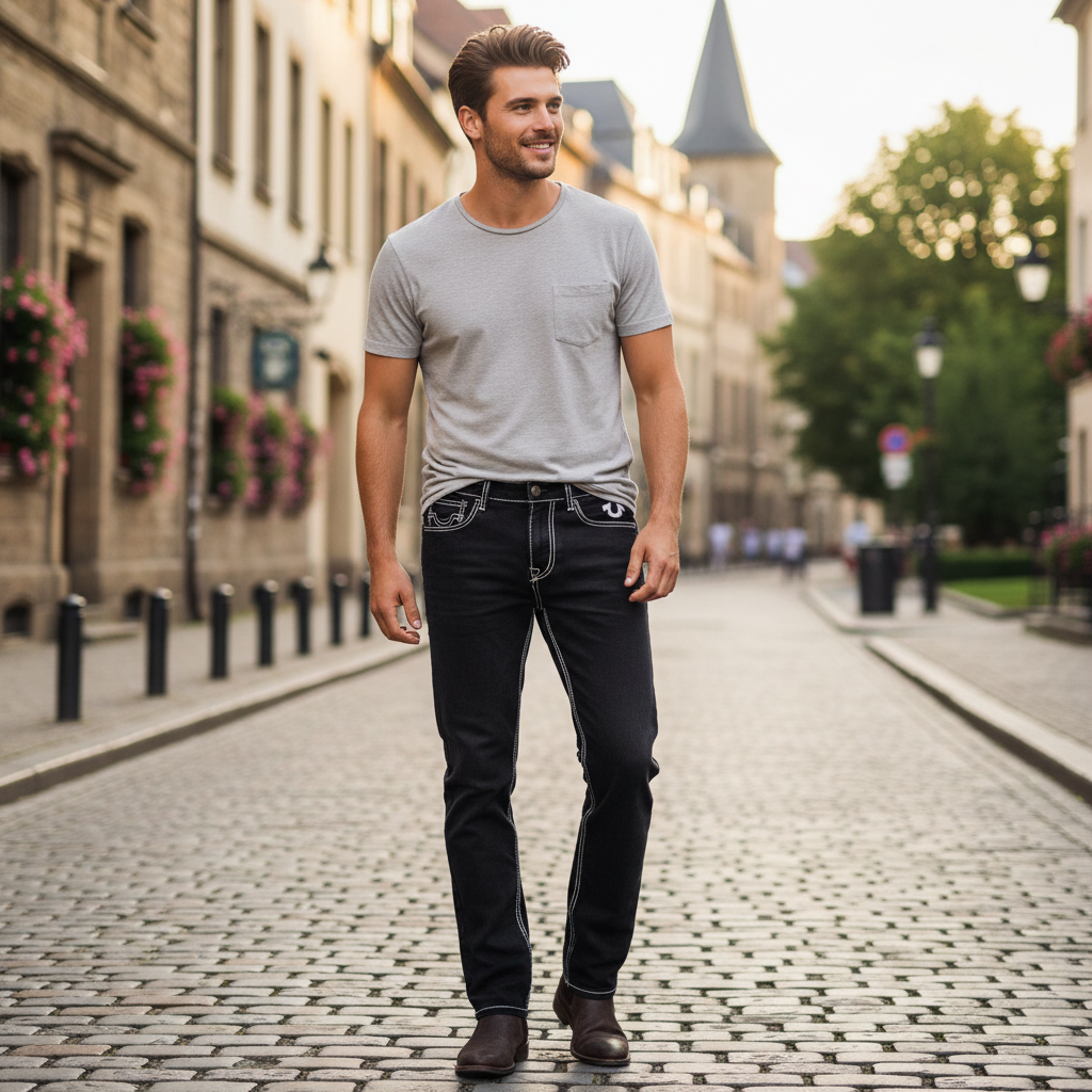 True Religion Black Jeans White Contrast Stitching