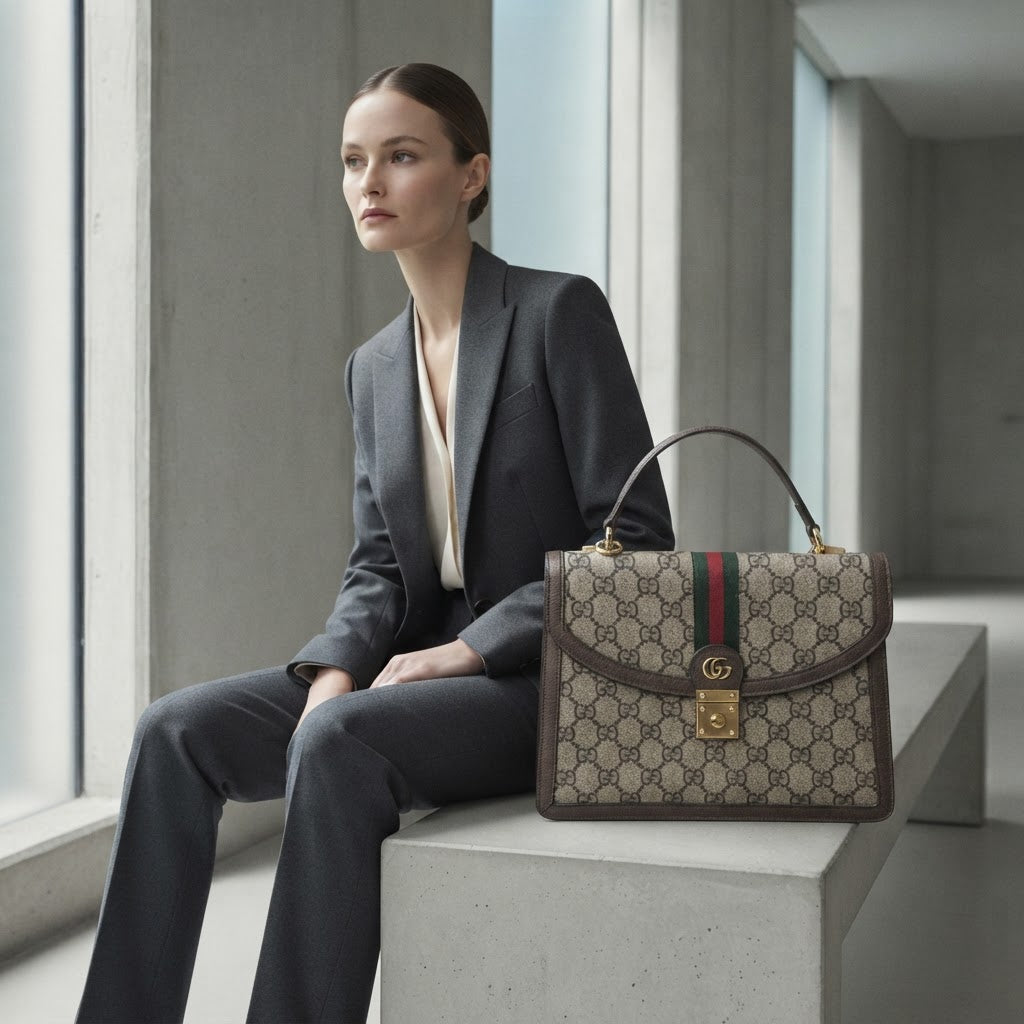 GUCCI Monogram Canvas Top Handle Bag with Web Stripe