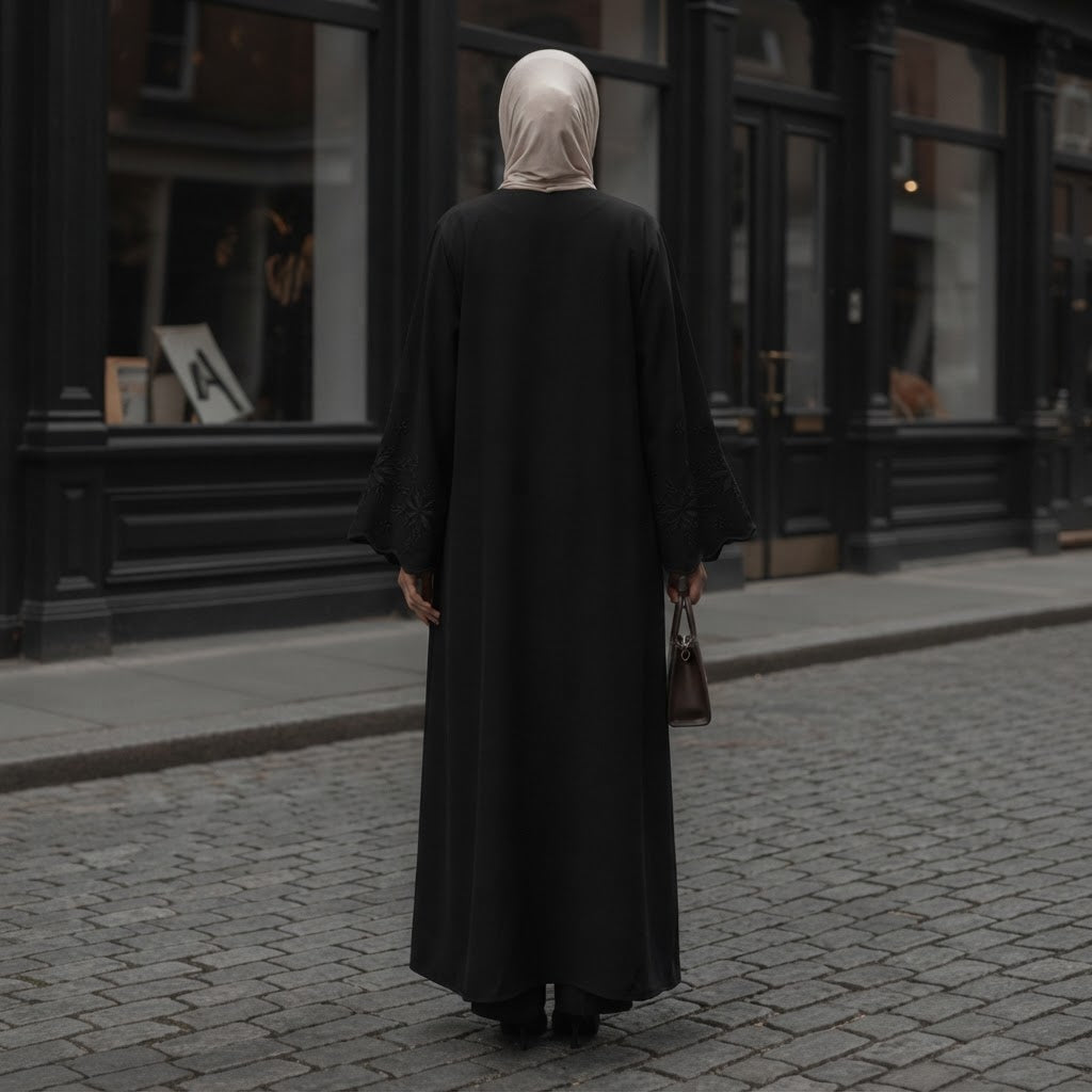Private Black Embroidered Open-Front Abaya with Scalloped Sl