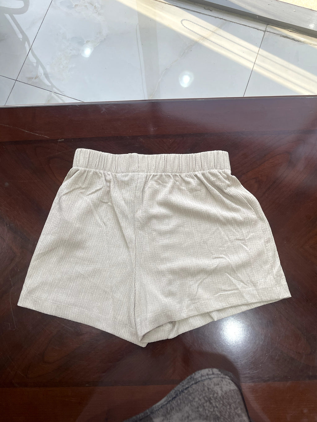 Cream Textured High-Waist Relaxed Lounge Shorts