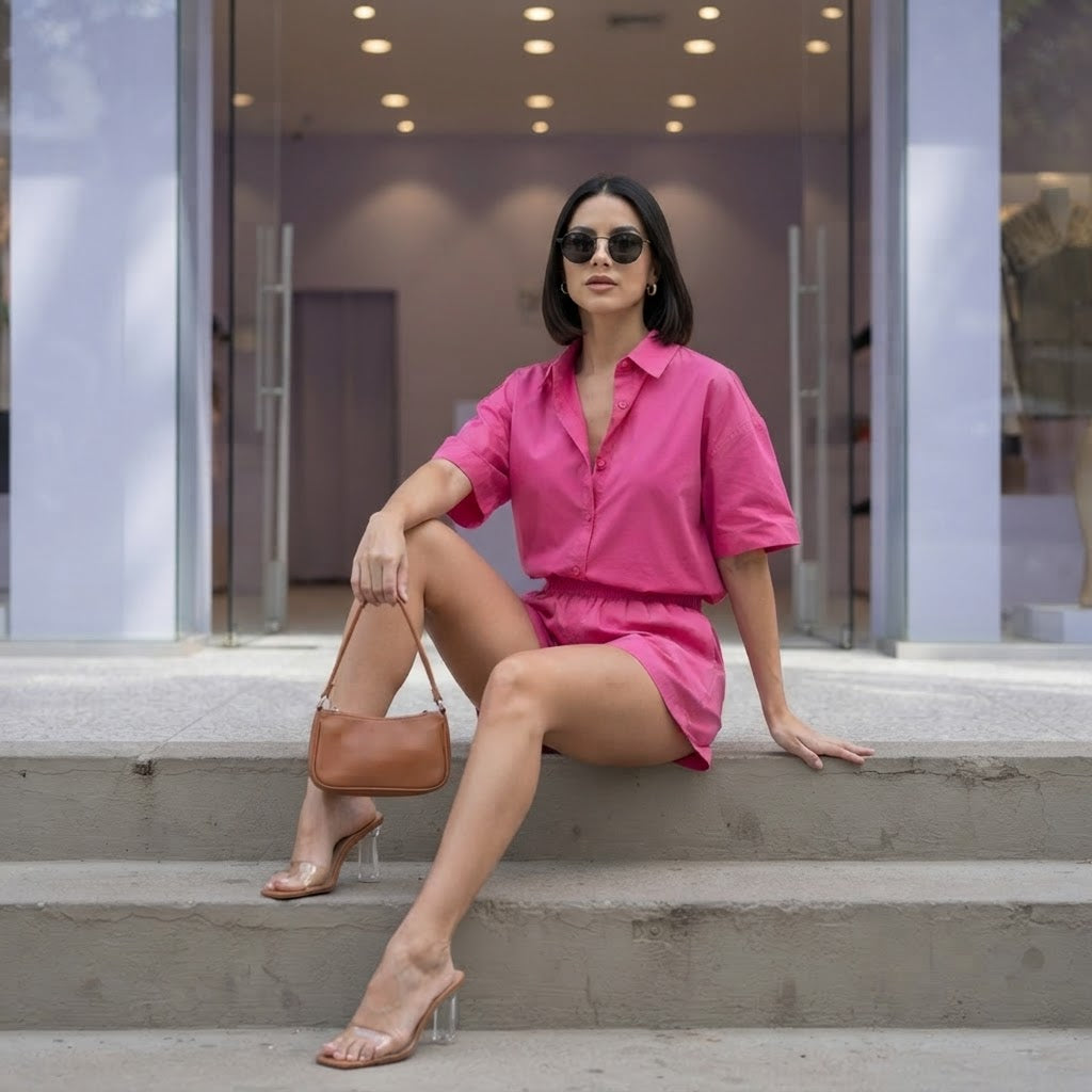 SHEIN Hot Pink Relaxed Shirt and Shorts Co-ord Set