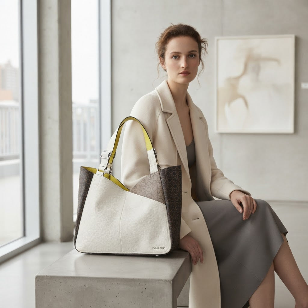 Calvin Klein Calvin Klein White Grained Monogram Tote