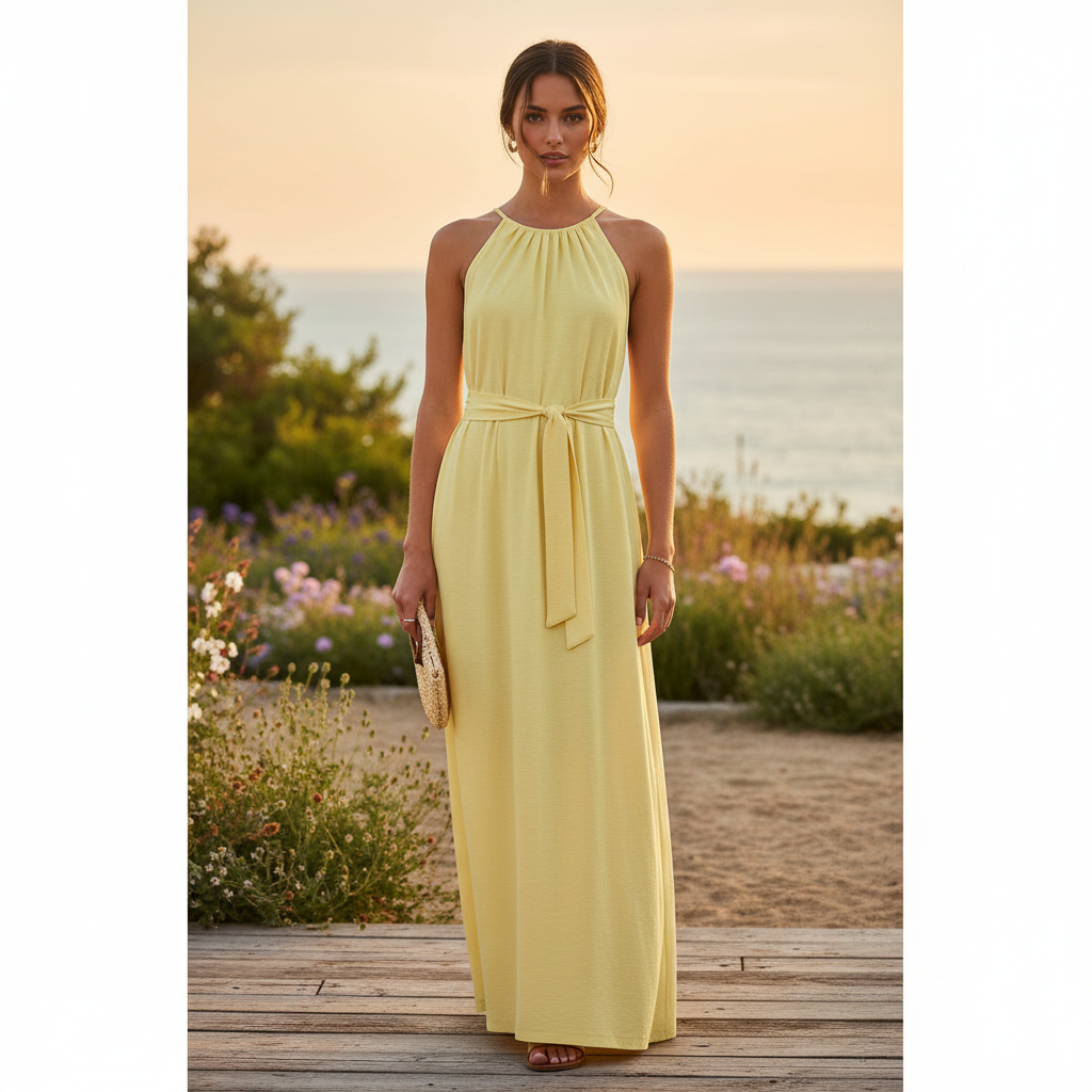Esmara Women's Yellow Sleeveless Tie-Waist Midi Dress