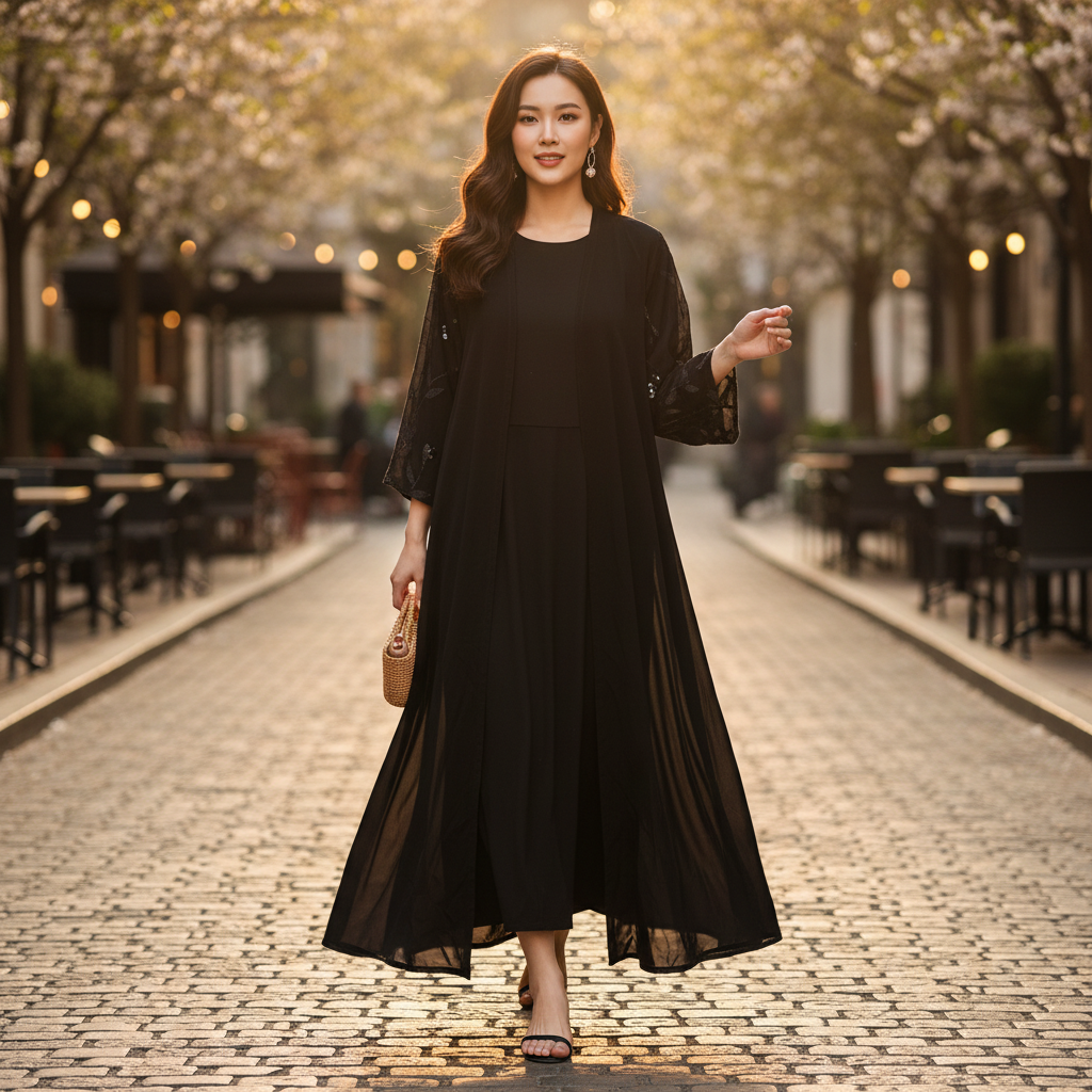 Elegant Black Sequin Embroidered Long Open Abaya