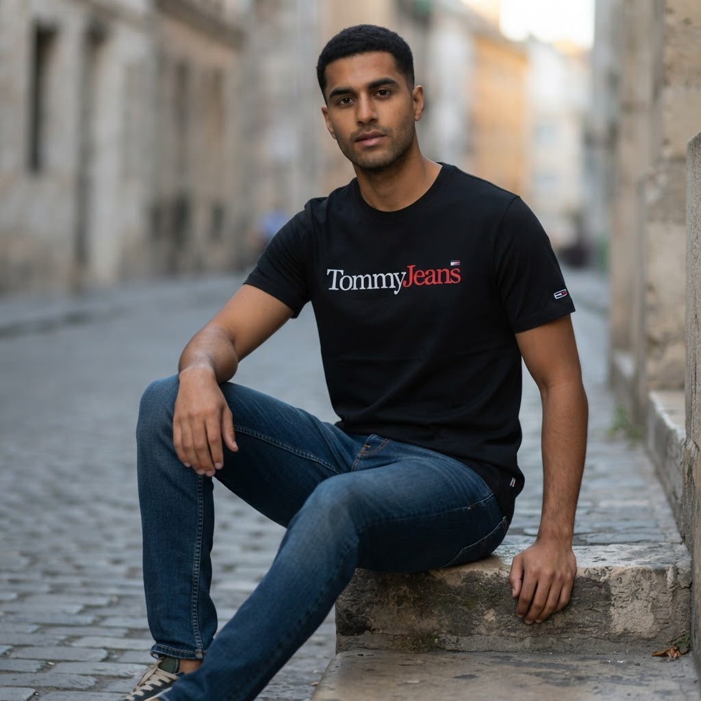 Tommy Jeans Black Tommy Jeans Crew-Neck T-Shirt with Bicolou