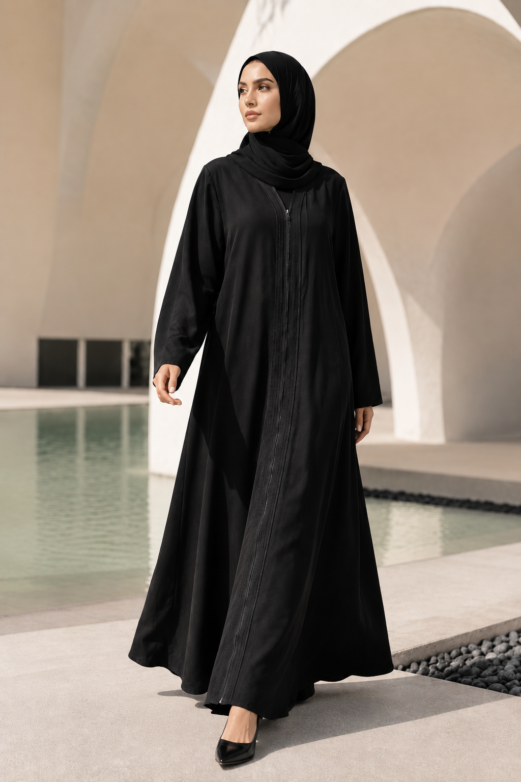 Premium Women's Front-Zip A-Line Abaya in Black