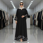 gant Black Embroidered Floral Lace-Trim Floor-Length Abaya