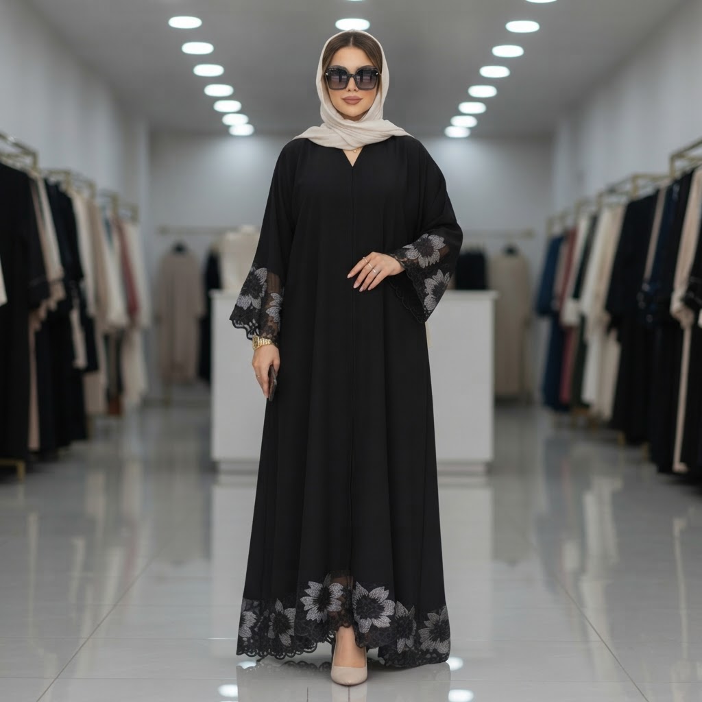 gant Black Embroidered Floral Lace-Trim Floor-Length Abaya