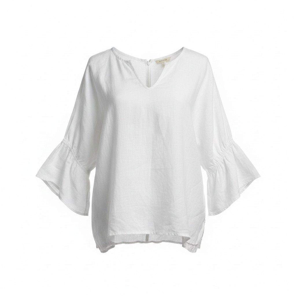 Women's White Linen Relaxed Fit V-Neck Blouse