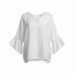 Women's White Linen Relaxed Fit V-Neck Blouse