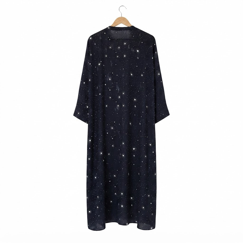 Women's Black Star Print Long Kimono Abaya Jacket