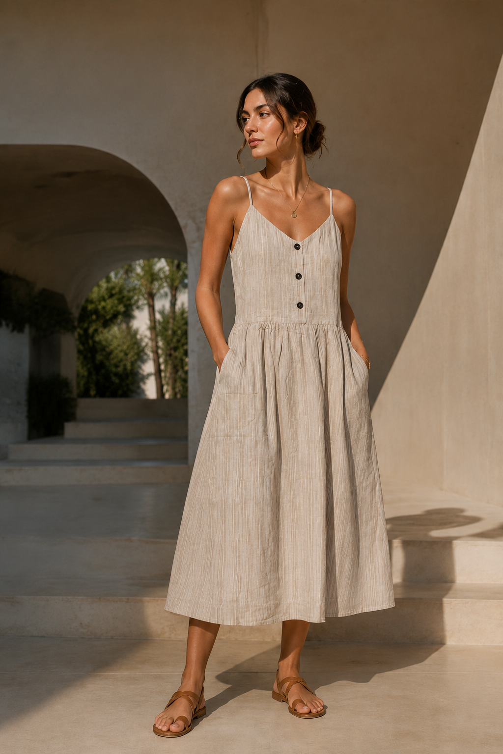 Women's Beige Linen Blend Button-Down Midi Dress