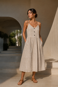 Women's Beige Linen Blend Button-Down Midi Dress