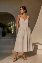 Women's Beige Linen Blend Button-Down Midi Dress