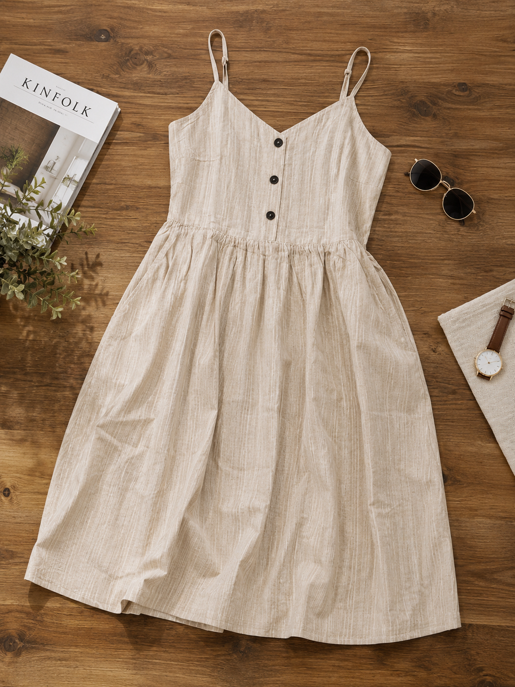 Women's Beige Linen Blend Button-Down Midi Dress