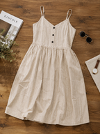 Women's Beige Linen Blend Button-Down Midi Dress