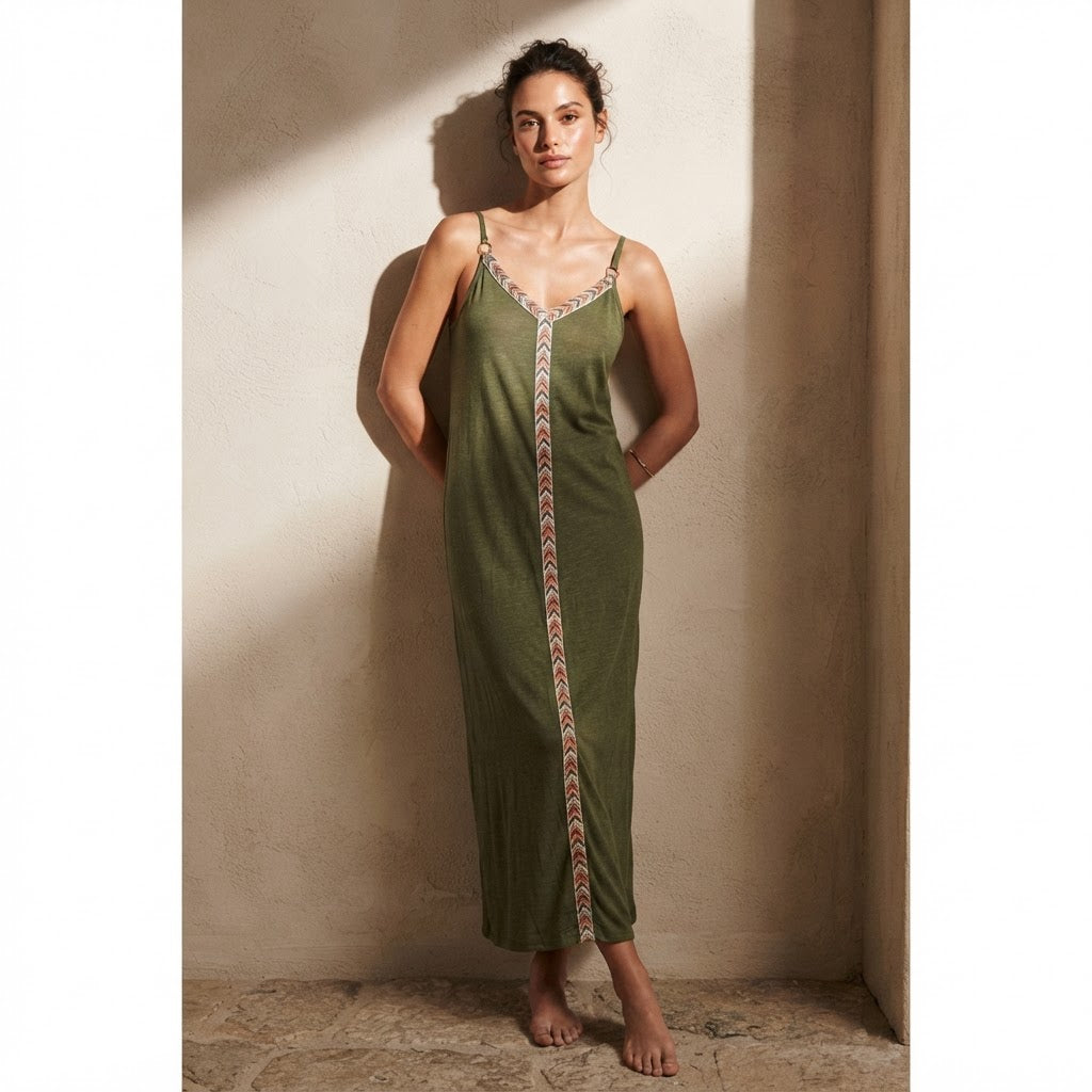 EMERY ROSE Olive Green Maxi Cami Dress with Chevron Trim