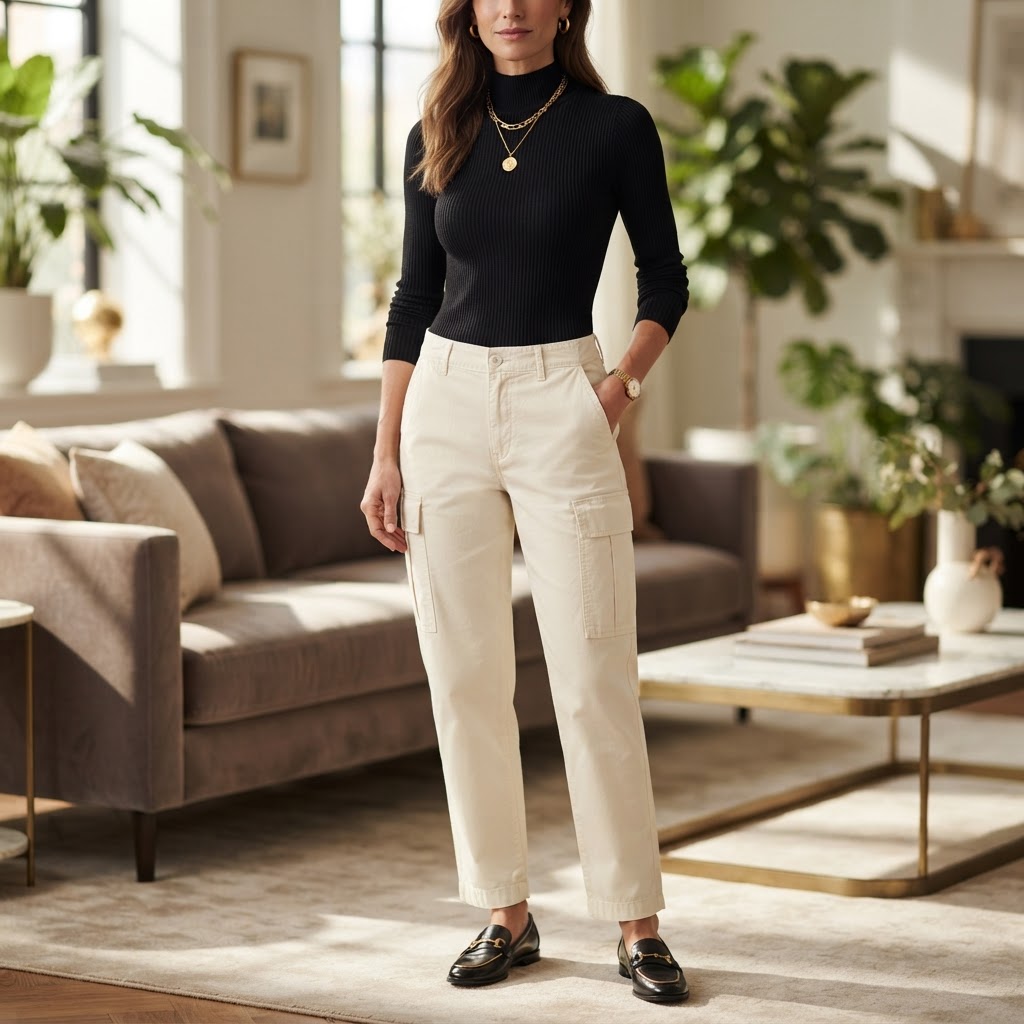 Women's Cream Cotton Cargo Trousers with Flap Pockets