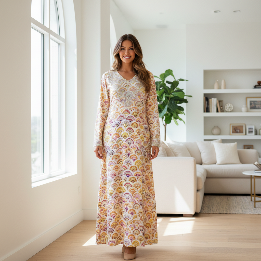 Women's Embellished Scallop Print Cotton Maxi Dress