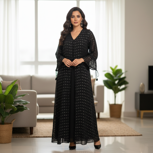 Black & Silver Metallic Dot Long Chiffon Abaya Cardigan