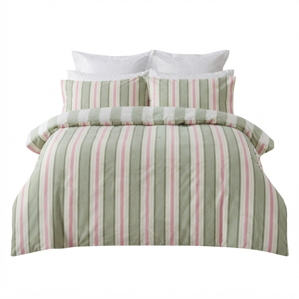 anko Striped Cotton Rich Single Quilt Cover Set - Green & gr