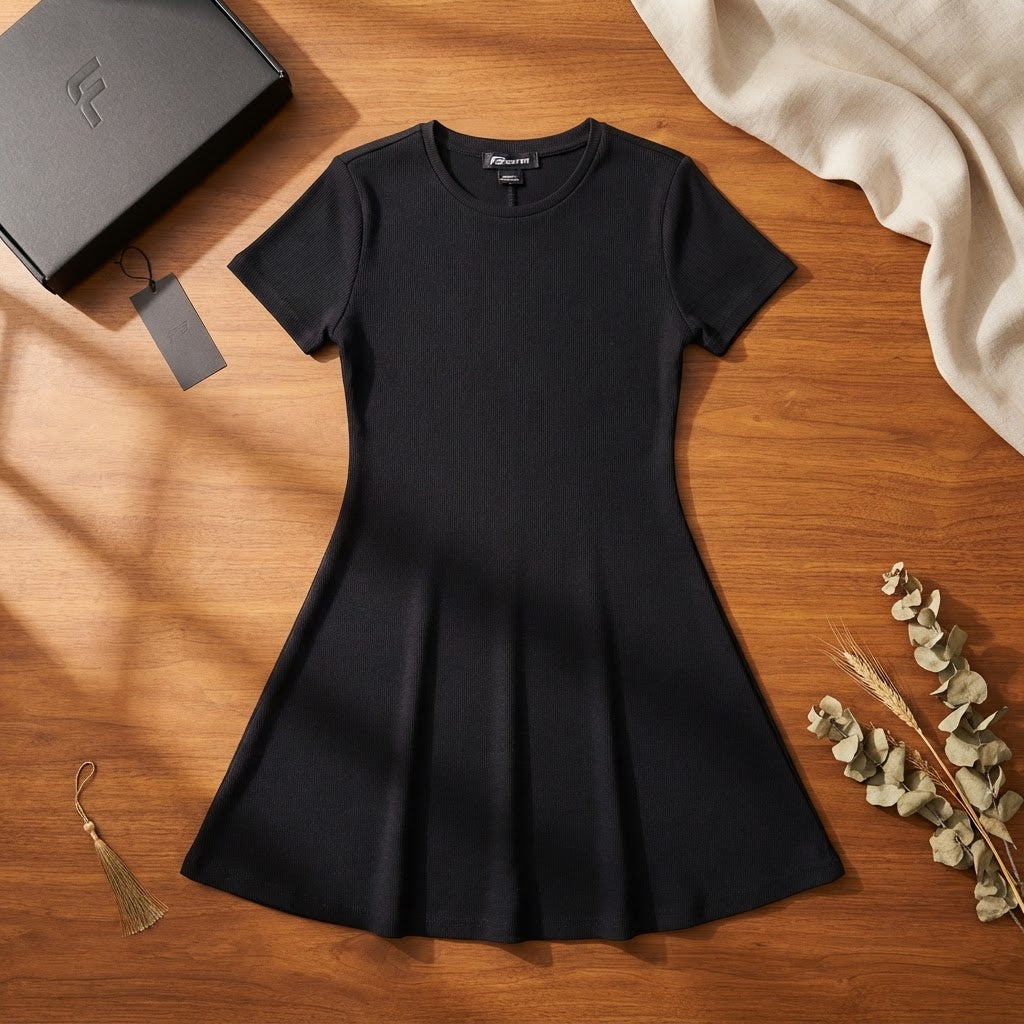 [WearU Generated:merch_flat_lay] Black Cotton Blend A-line Mini Dress – flat lay view