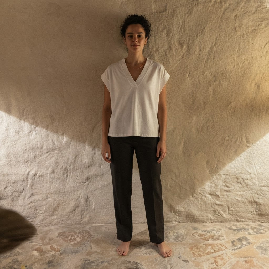 anko White Relaxed Boxy V-Neck Cap-Sleeve Cotton Top