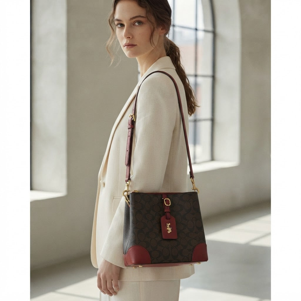 COACH LEATHERWARE Monogram Bucket Crossbody Bag with Red Tri