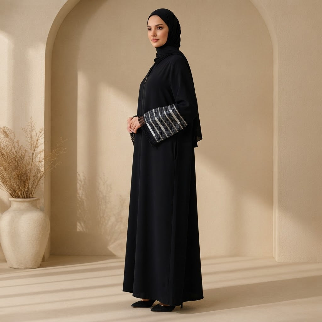 ASALA Deep Navy Zip-Front Abaya with Decorative Fringe Cuffs