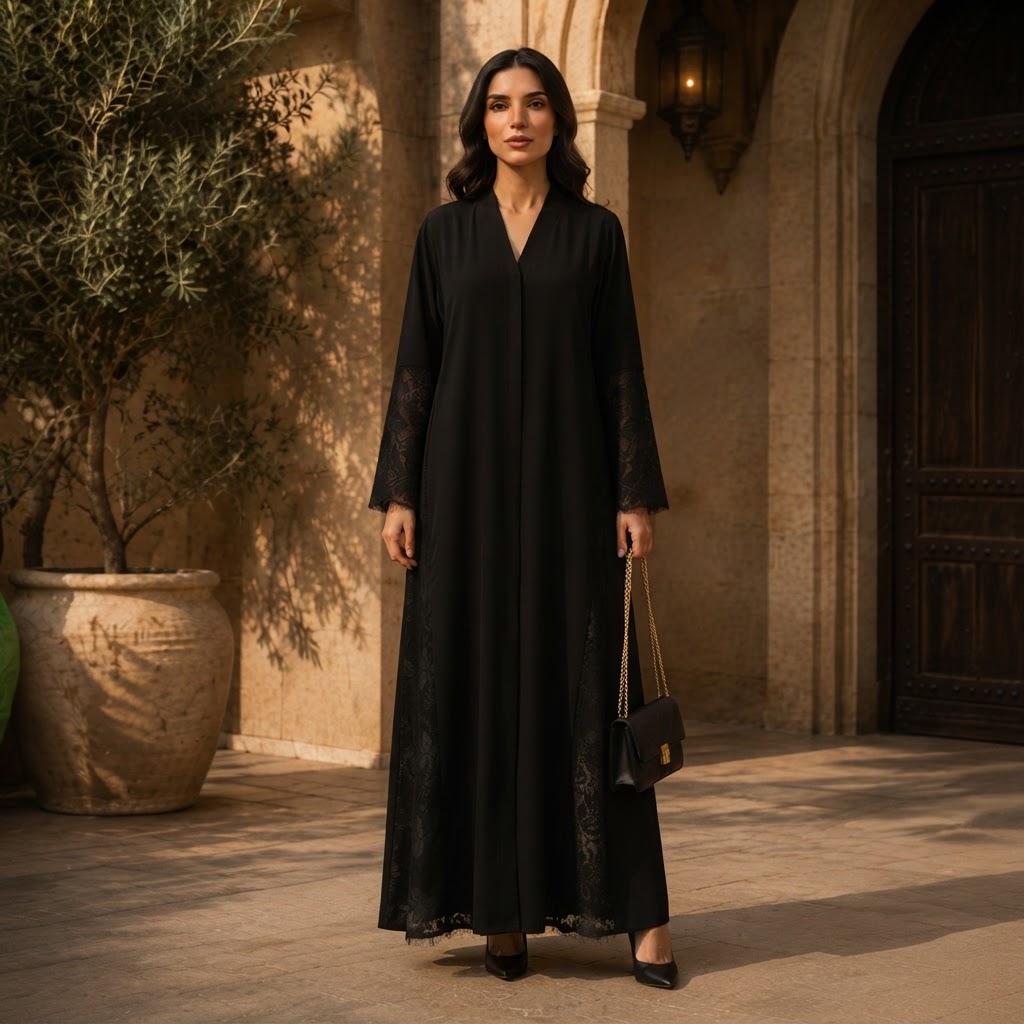 Black Open-Front Abaya with Floral Lace Cuffs and