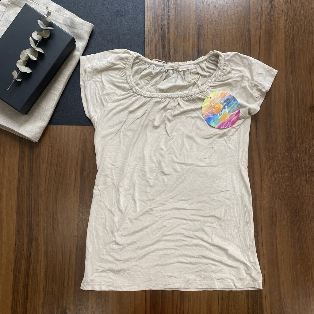 Love and Money Oatmeal Gathered Scoop Neck Top with Braided