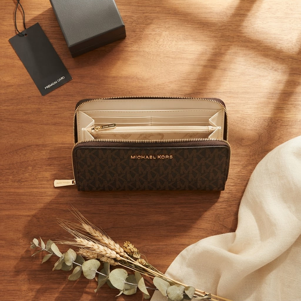 [WearU Generated:merch_flat_lay] Michael Kors Dark Brown Monogram Rectangular Zip-Around Wallet – flat lay view