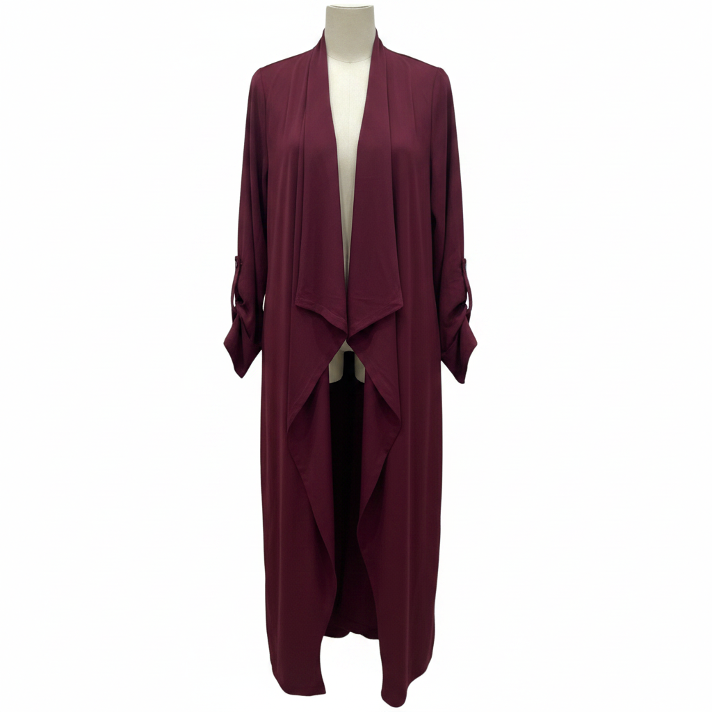 Women's Burgundy Open Front Waterfall Duster Coat