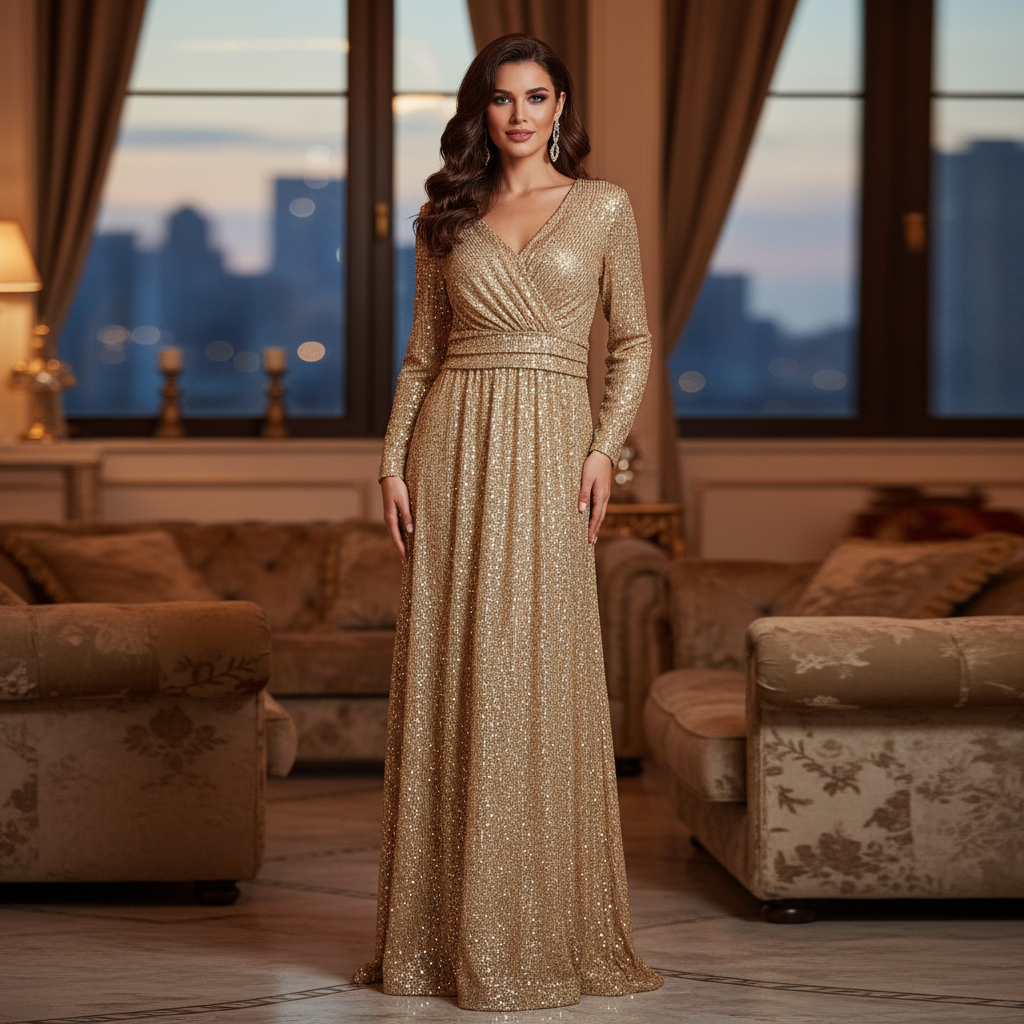 Gold Sequin V-Neck Long Sleeve Maxi Dress - Juli Collection