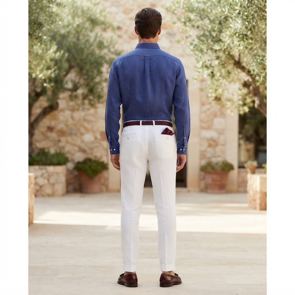 ZARA MAN Men's Blue Linen Mandarin Collar Tailored Shirt