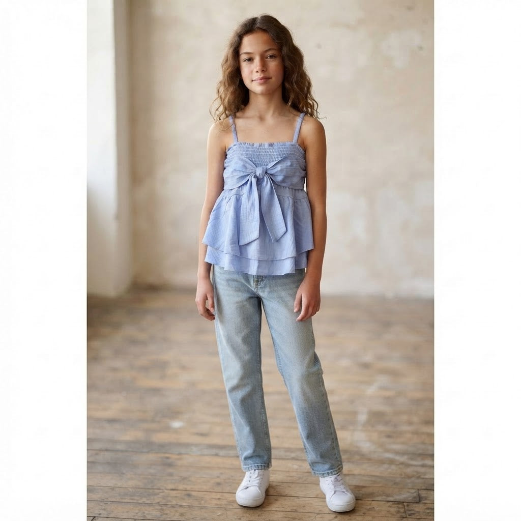 SHEIN Periwinkle Blue Smocked Ruffle Top with Front Bow