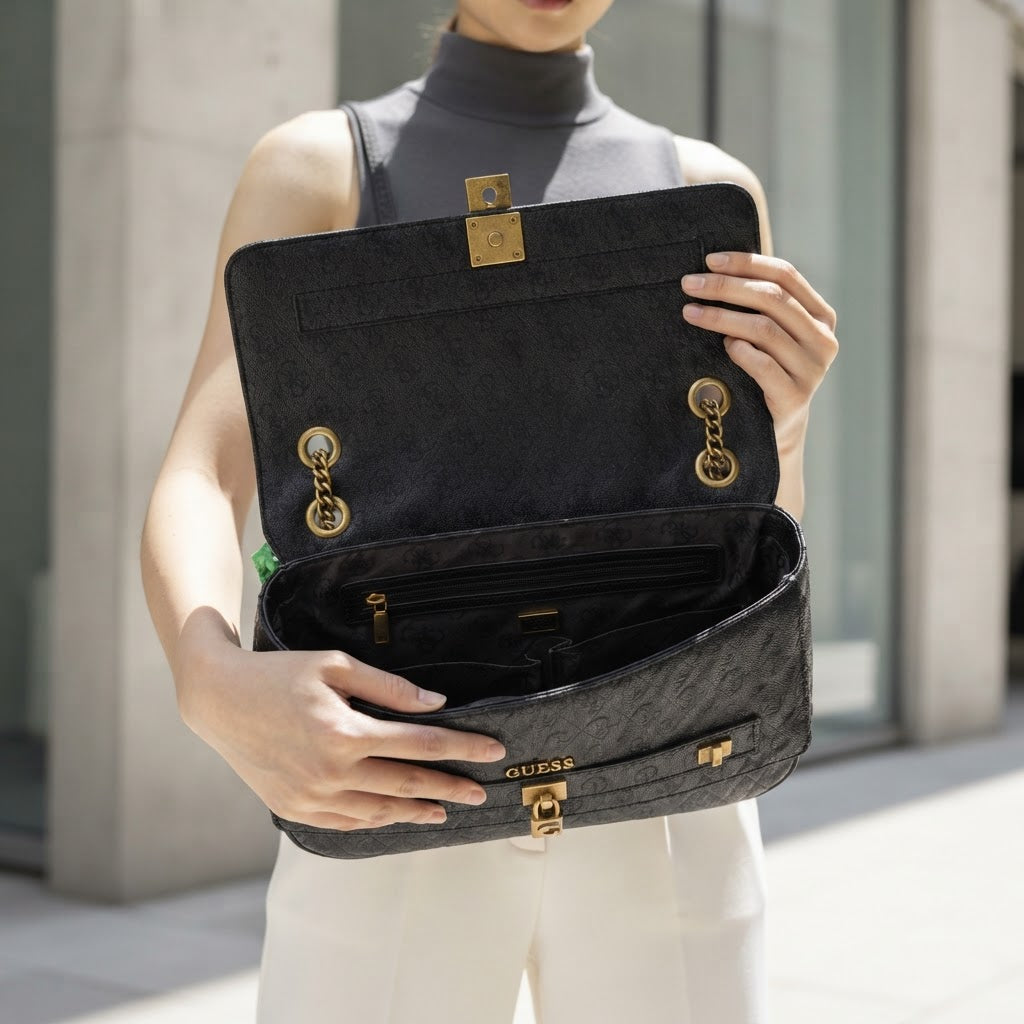 GUESS Guess Black Embossed Logo Flap Shoulder Bag