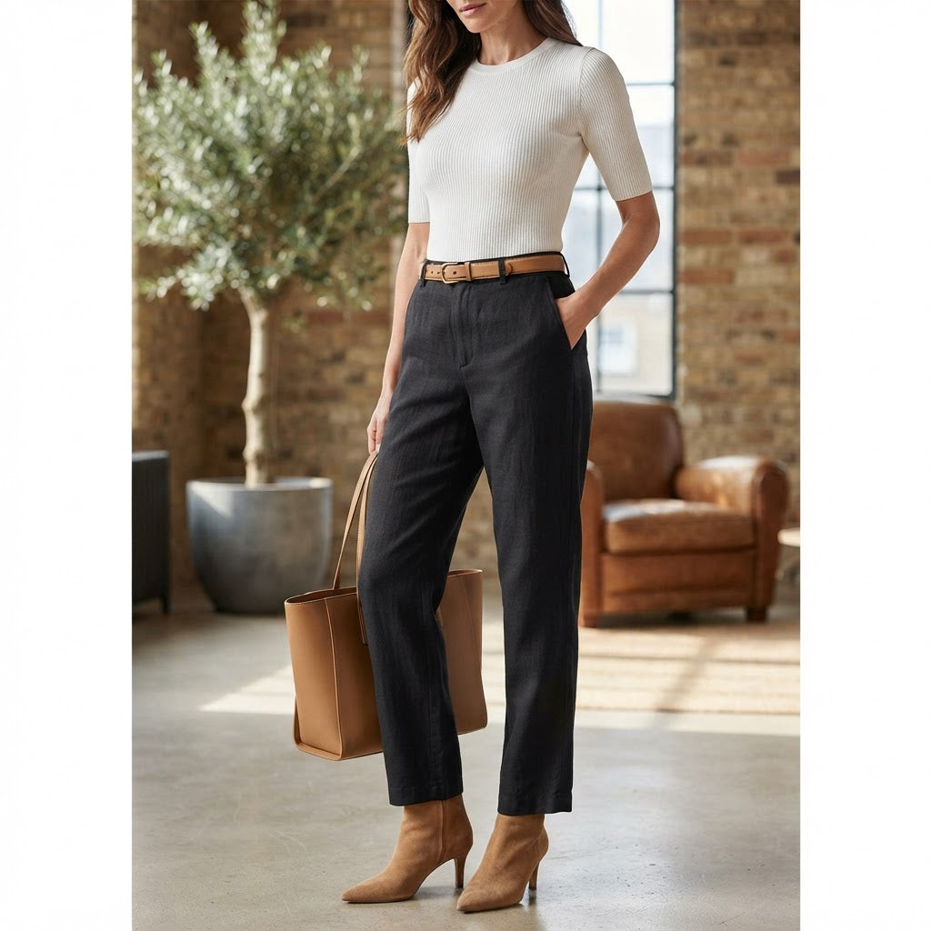 SHEIN Women's Black Linen Wide-Leg Trousate Trousers